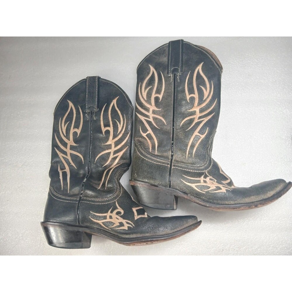 Vintage Justin Women’s Cowboy Boots 5.5 B Black Leather Cross & Flame Embroidery